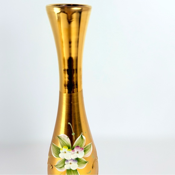 VTG Murano Venetian Ruby Glass & 24K Gold Paint 11” Hand Painted Floral Bud Vase - Picture 2 of 16